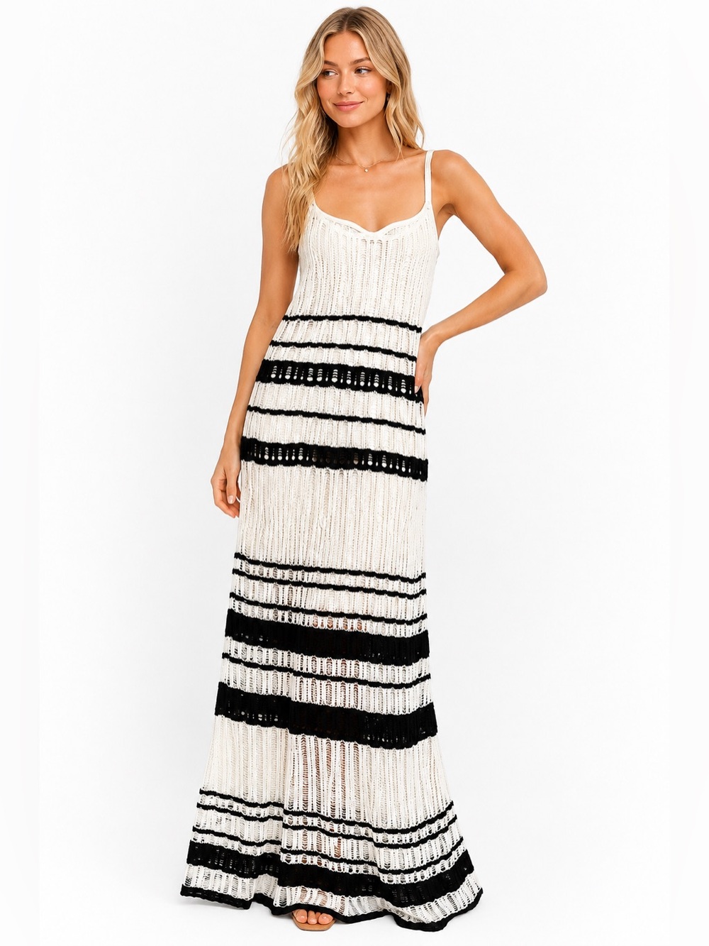 Abercrombie & Fitch Black & Ivory Crochet Knit Maxi Dress - MEDIUM